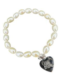 Genuine Pearl Bracelet "I AM LOVED" Heart Dangle Charm Sterling Silver Clasp